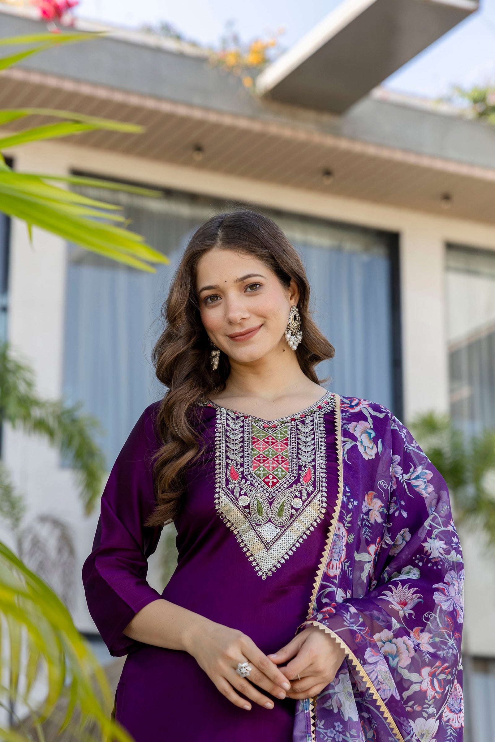 Purple Embroidered Chanderi Cotton Suit Set