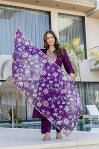 Purple Embroidered Chanderi Cotton Suit Set