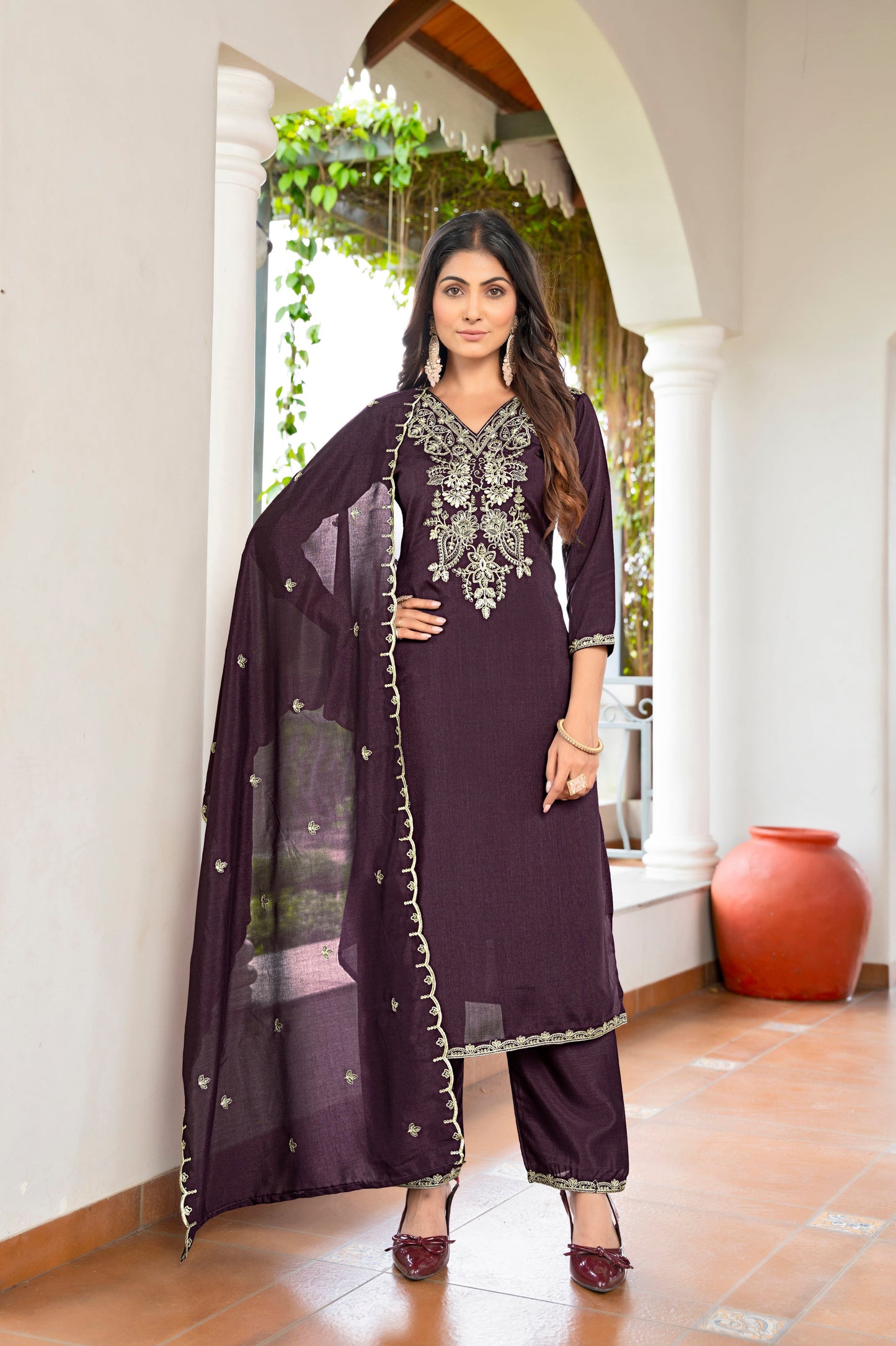 Wine Embroidered Vichitra Silk Kurta Set