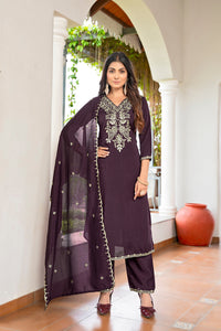 Wine Embroidered Vichitra Silk Kurta Set
