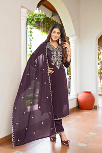 Wine Embroidered Vichitra Silk Kurta Set