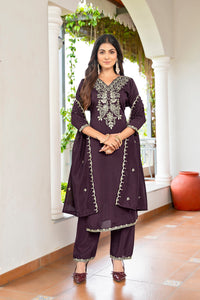 Wine Embroidered Vichitra Silk Kurta Set