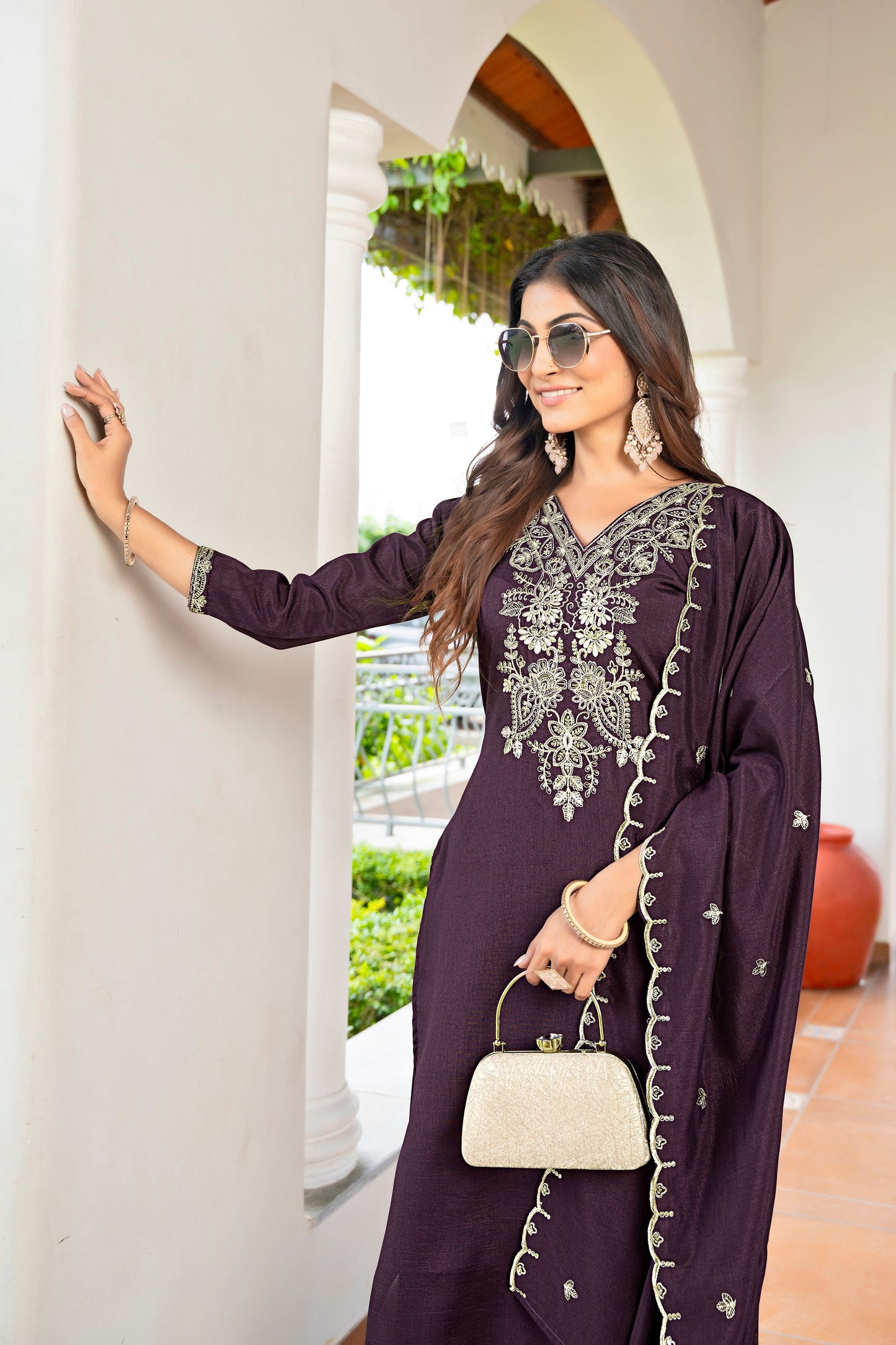 Wine Embroidered Vichitra Silk Kurta Set