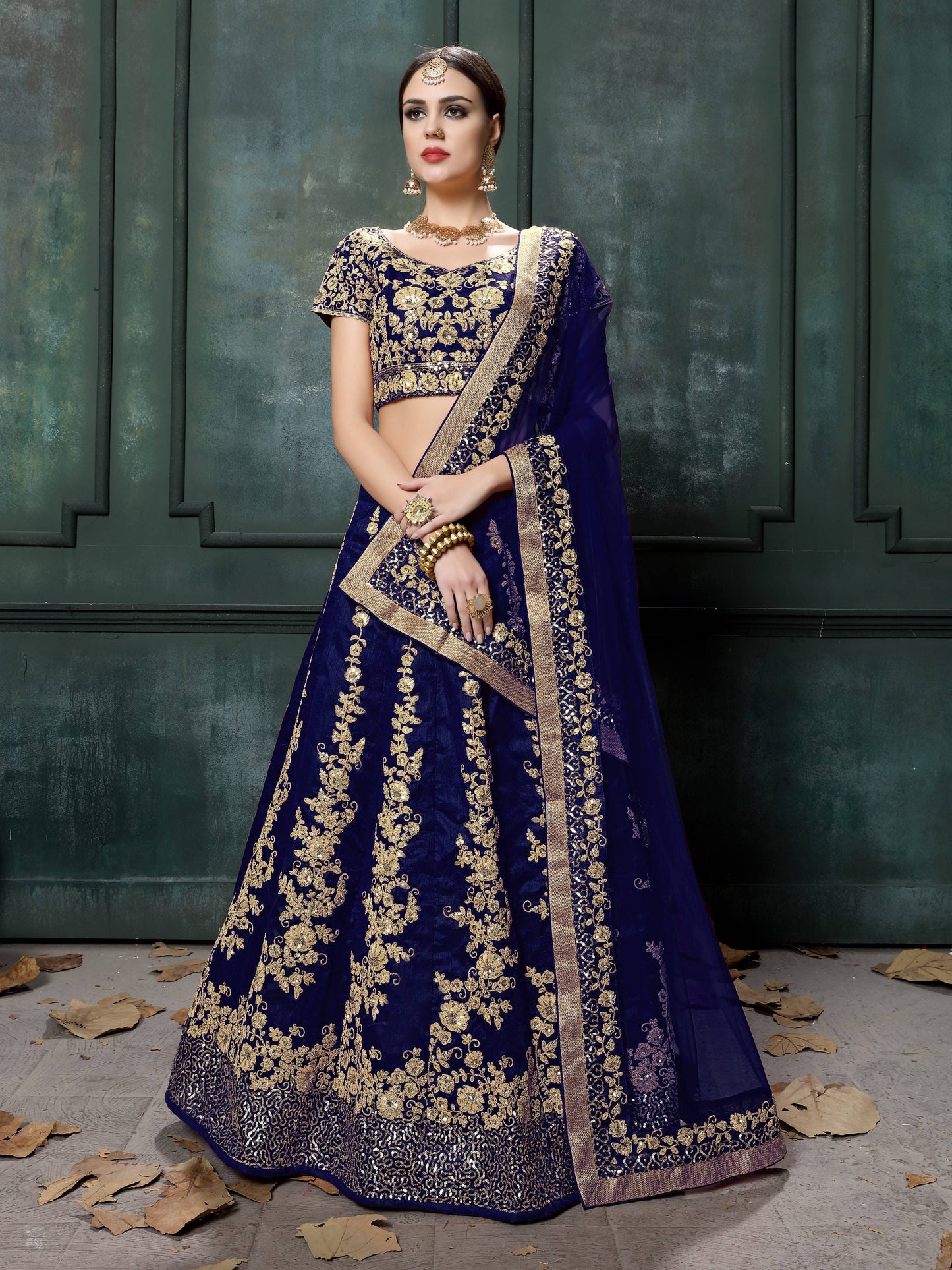 Blue Raw Silk Embroidered Bridal Lehenga Choli