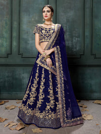 Blue Raw Silk Embroidered Bridal Lehenga Choli