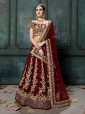 Maroon Raw Silk Embroidered Bridal Lehenga Choli