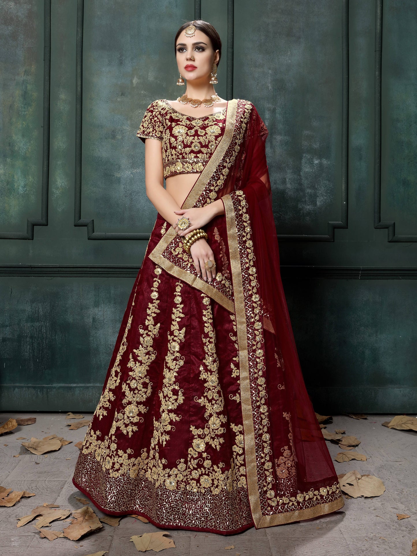 Maroon Raw Silk Embroidered Bridal Lehenga Choli