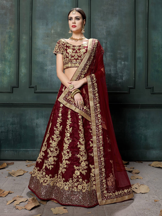 Maroon Raw Silk Embroidered Bridal Lehenga Choli