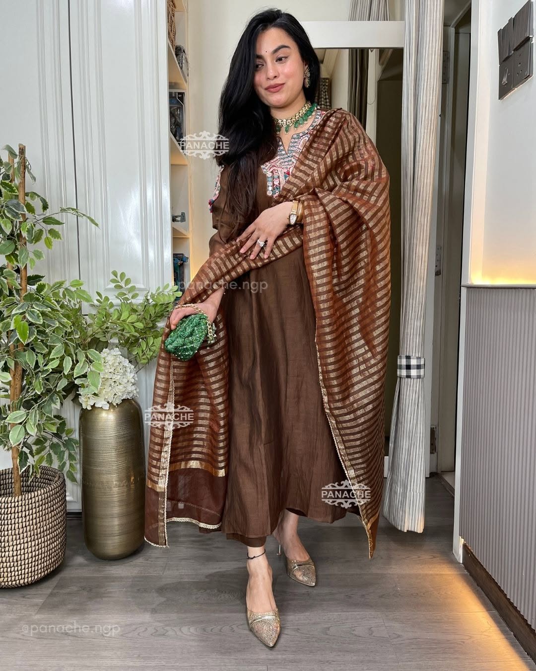 Brown Mul Chanderi Embroidered Kurta Set