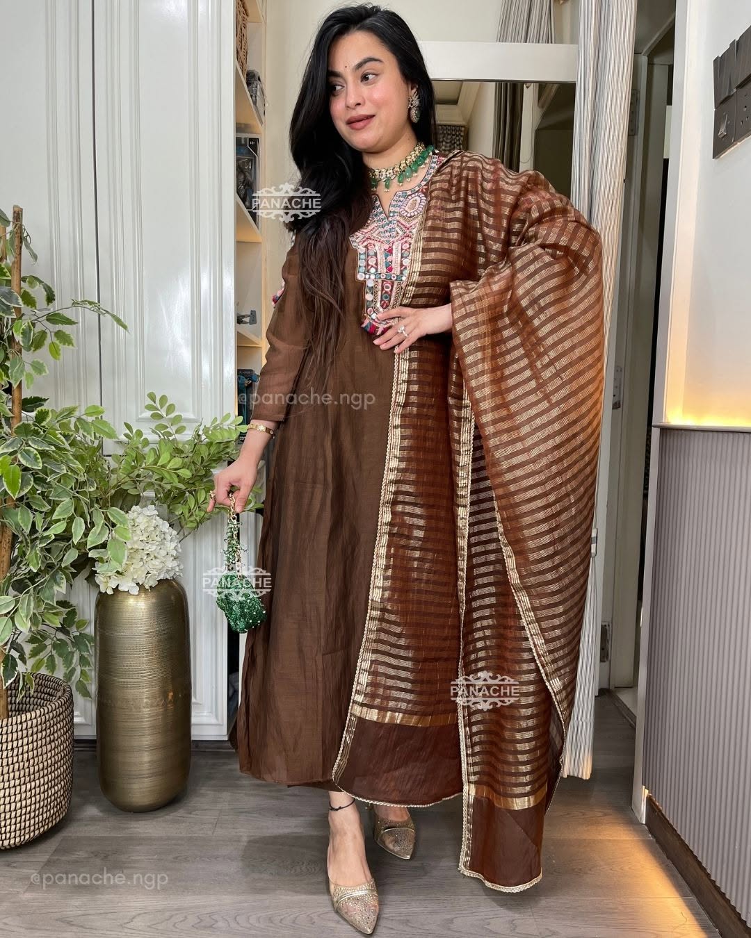 Brown Mul Chanderi Embroidered Kurta Set