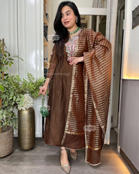 Brown Mul Chanderi Embroidered Kurta Set