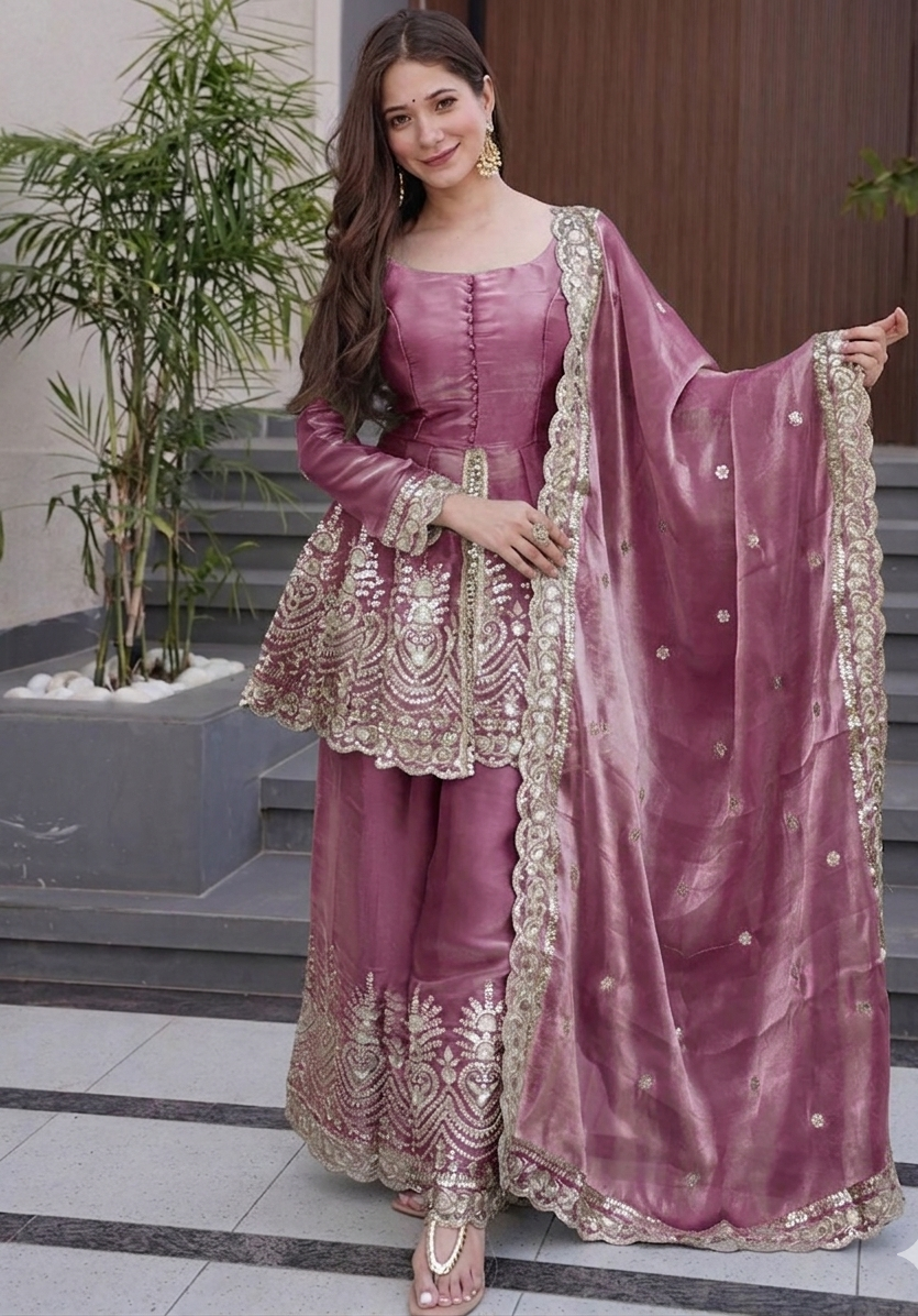 Purple Fandy Silk Embroidered Sharara Set