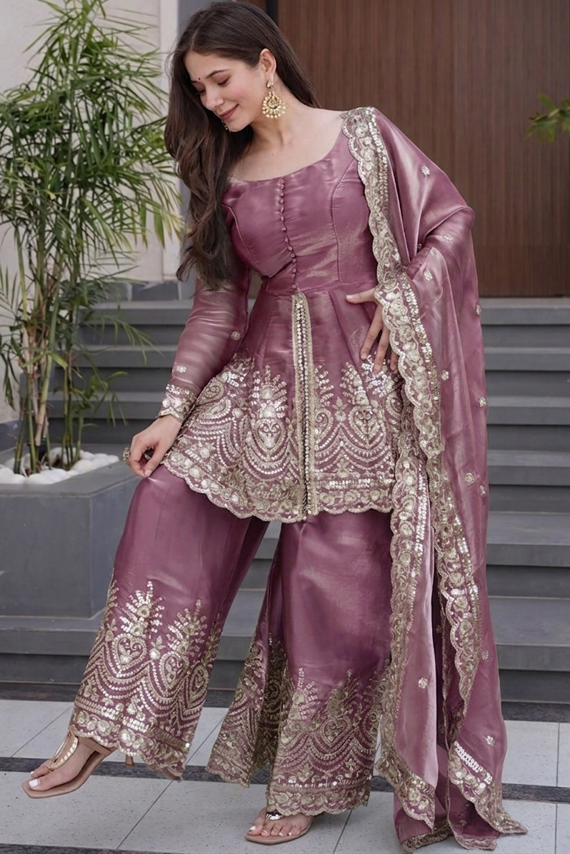 Purple Fandy Silk Embroidered Sharara Set