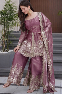 Purple Fandy Silk Embroidered Sharara Set