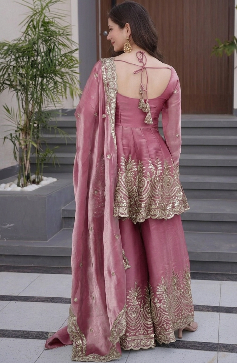 Purple Fandy Silk Embroidered Sharara Set