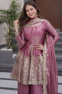 Purple Fandy Silk Embroidered Sharara Set