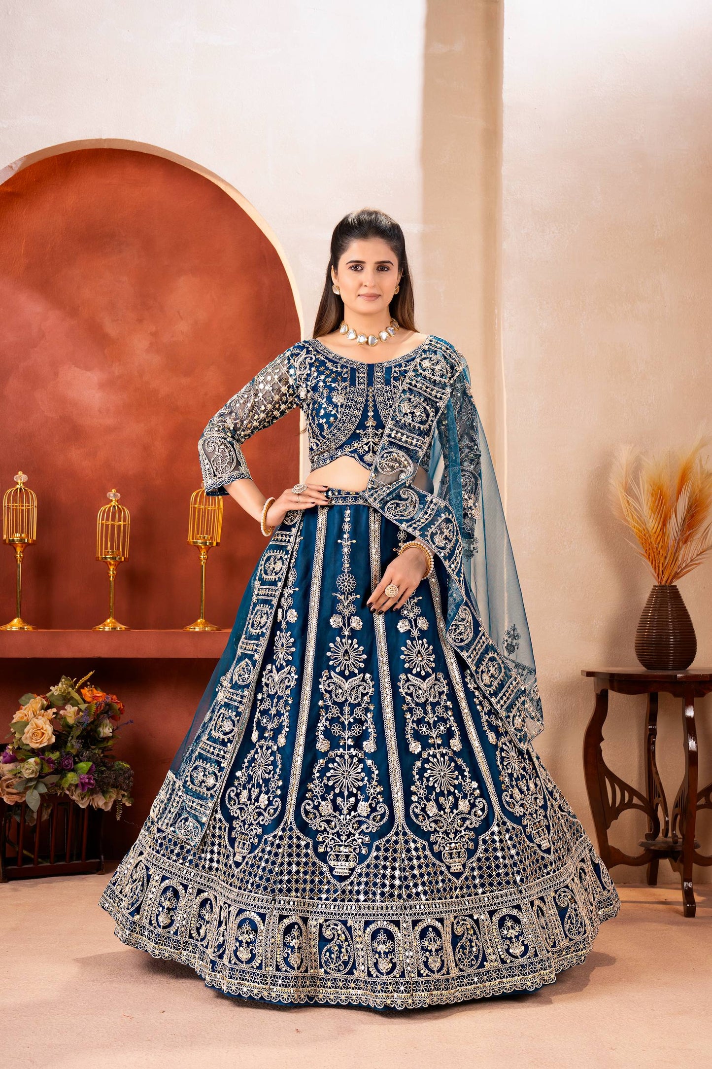 Luxury Royal Teal Embroidered Lehenga Set