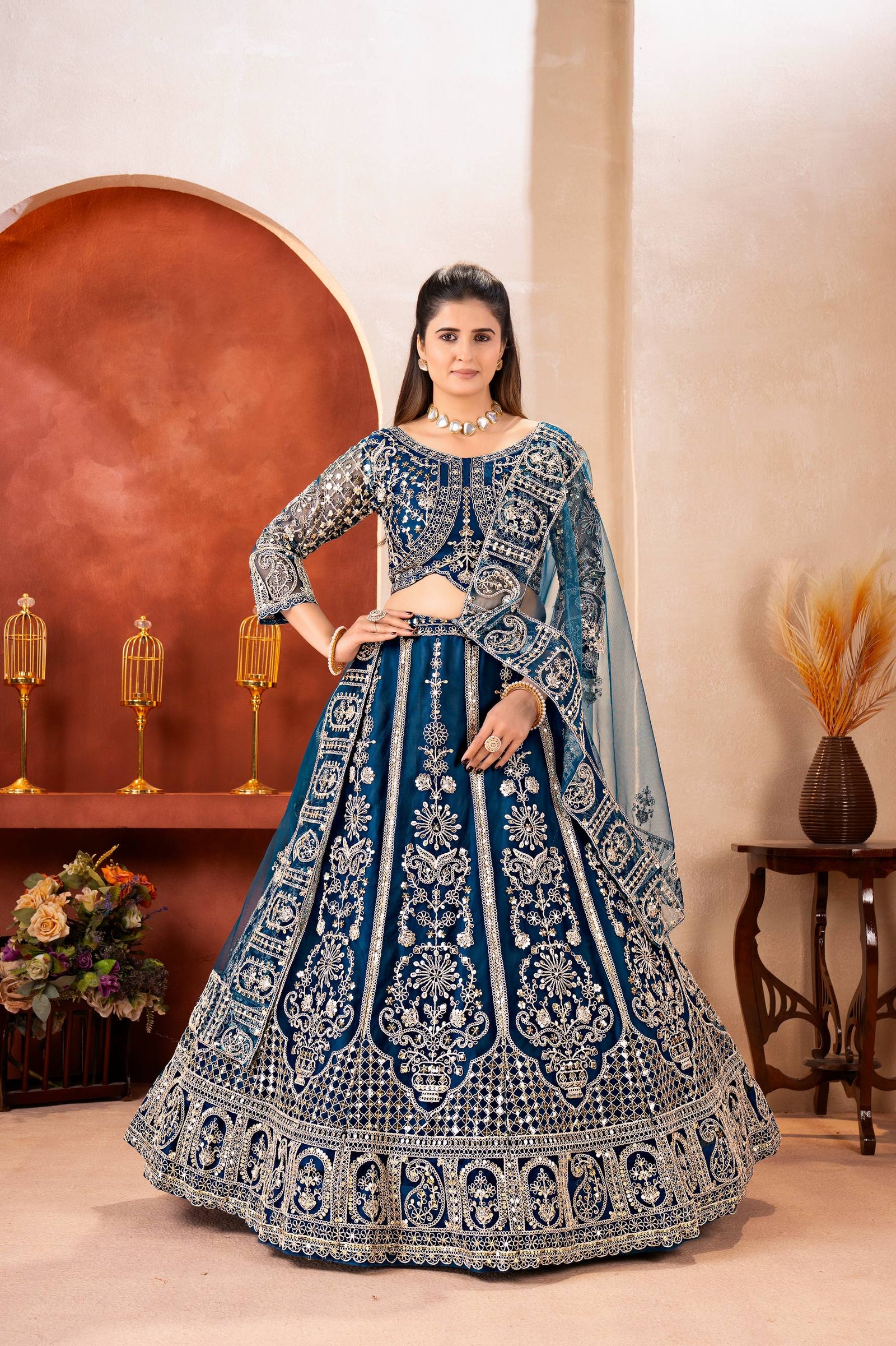 Luxury Royal Teal Embroidered Lehenga Set