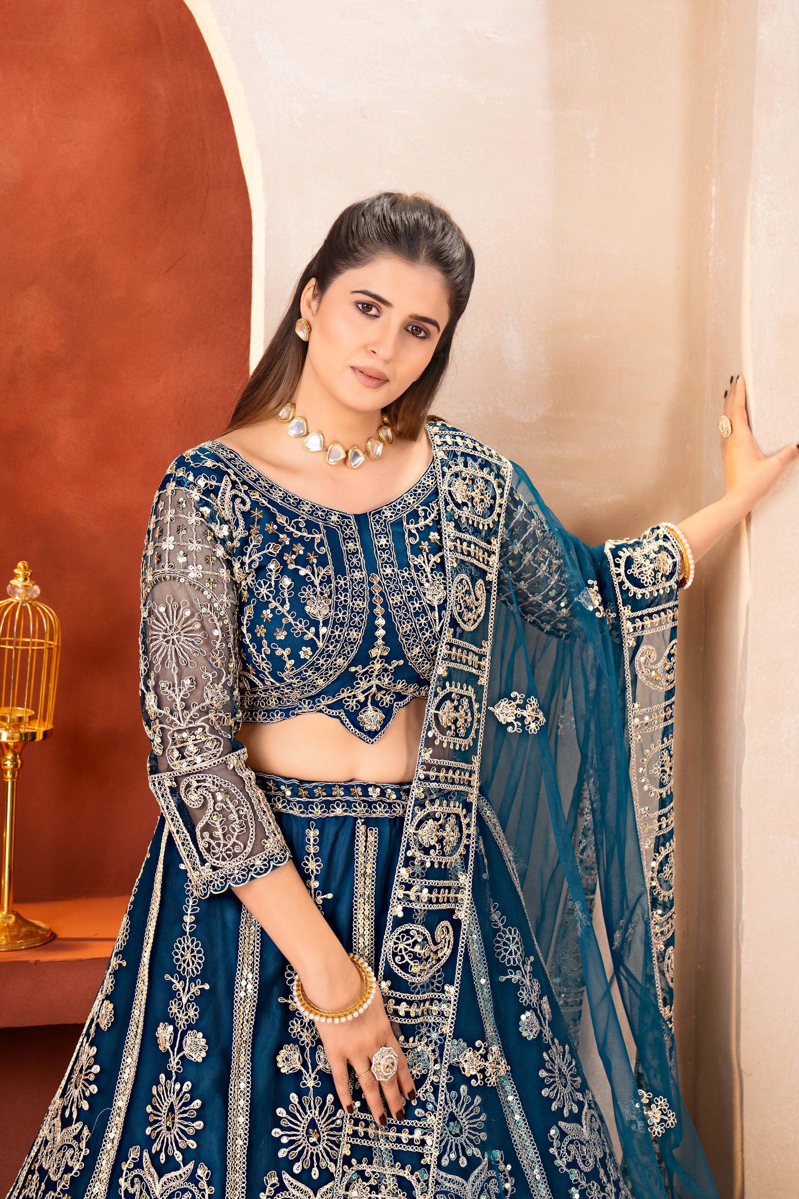 Luxury Royal Teal Embroidered Lehenga Set