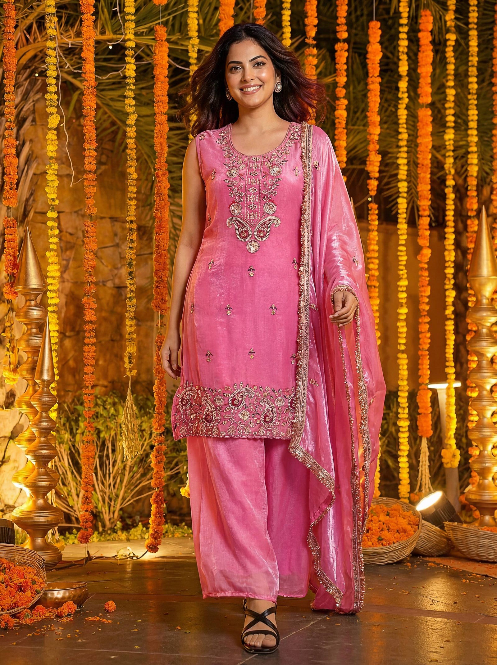 Luxury Blush Pink Embroidered Silk Palazzo Set