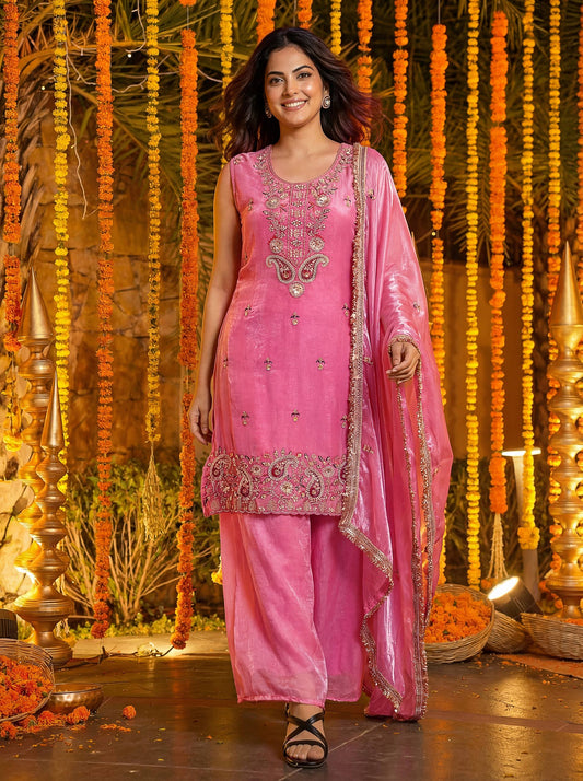 Luxury Blush Pink Embroidered Silk Palazzo Set