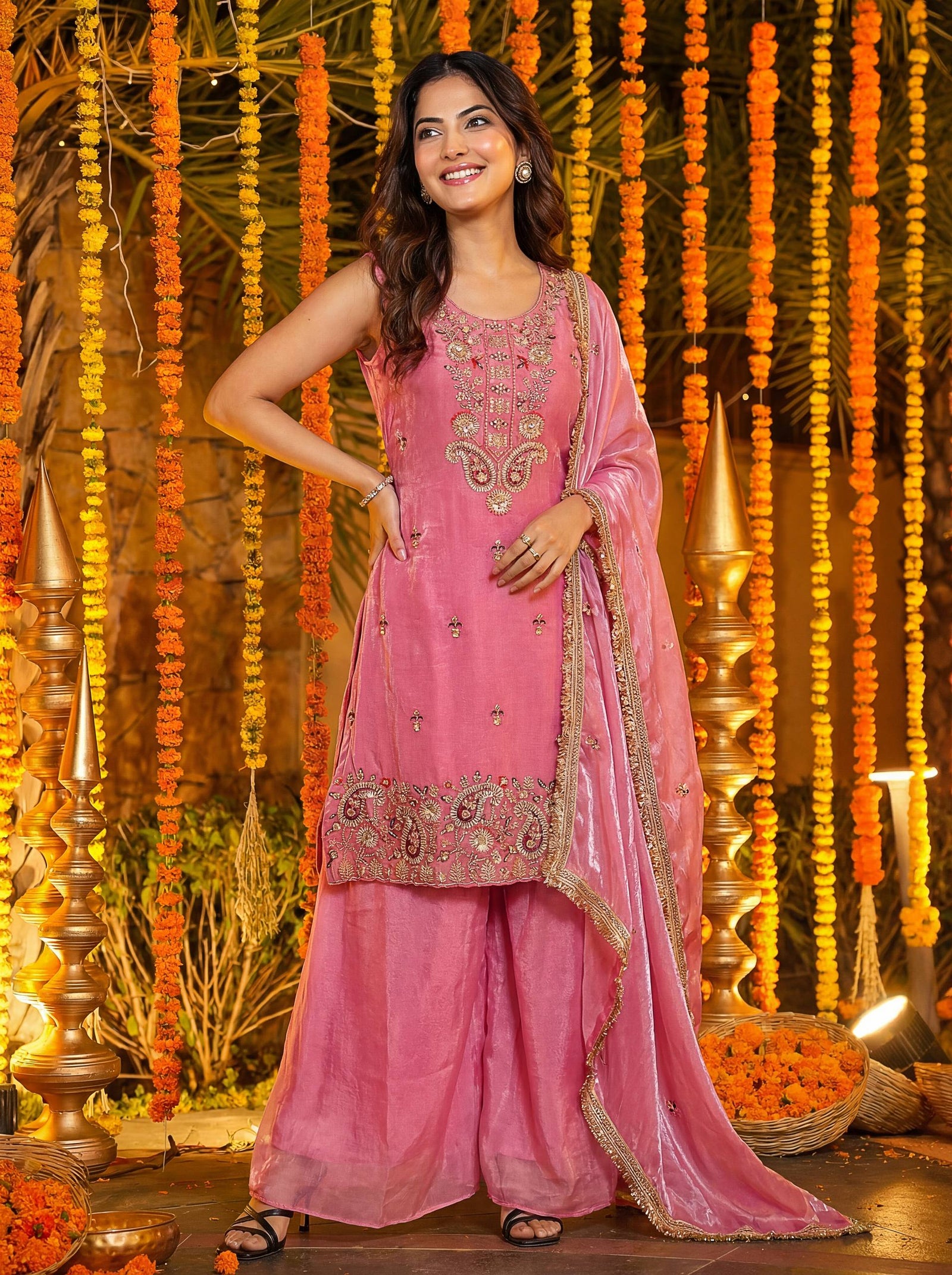 Luxury Blush Pink Embroidered Silk Palazzo Set