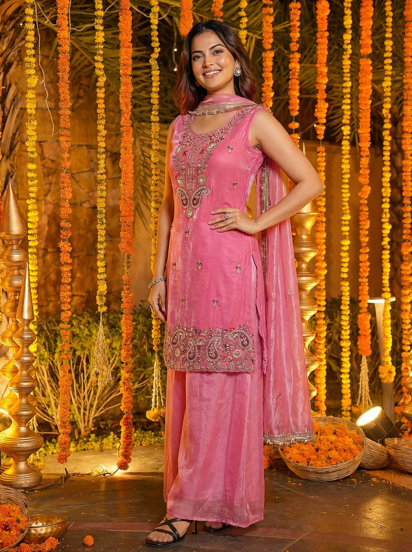 Luxury Blush Pink Embroidered Silk Palazzo Set