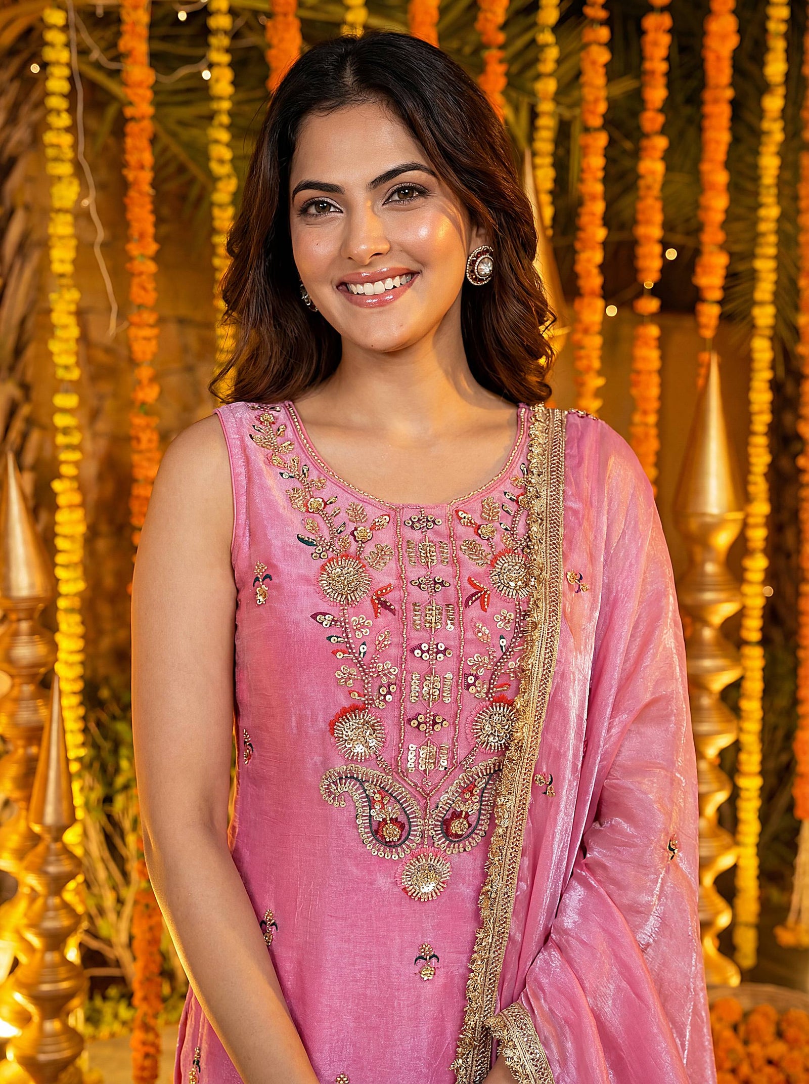 Luxury Blush Pink Embroidered Silk Palazzo Set