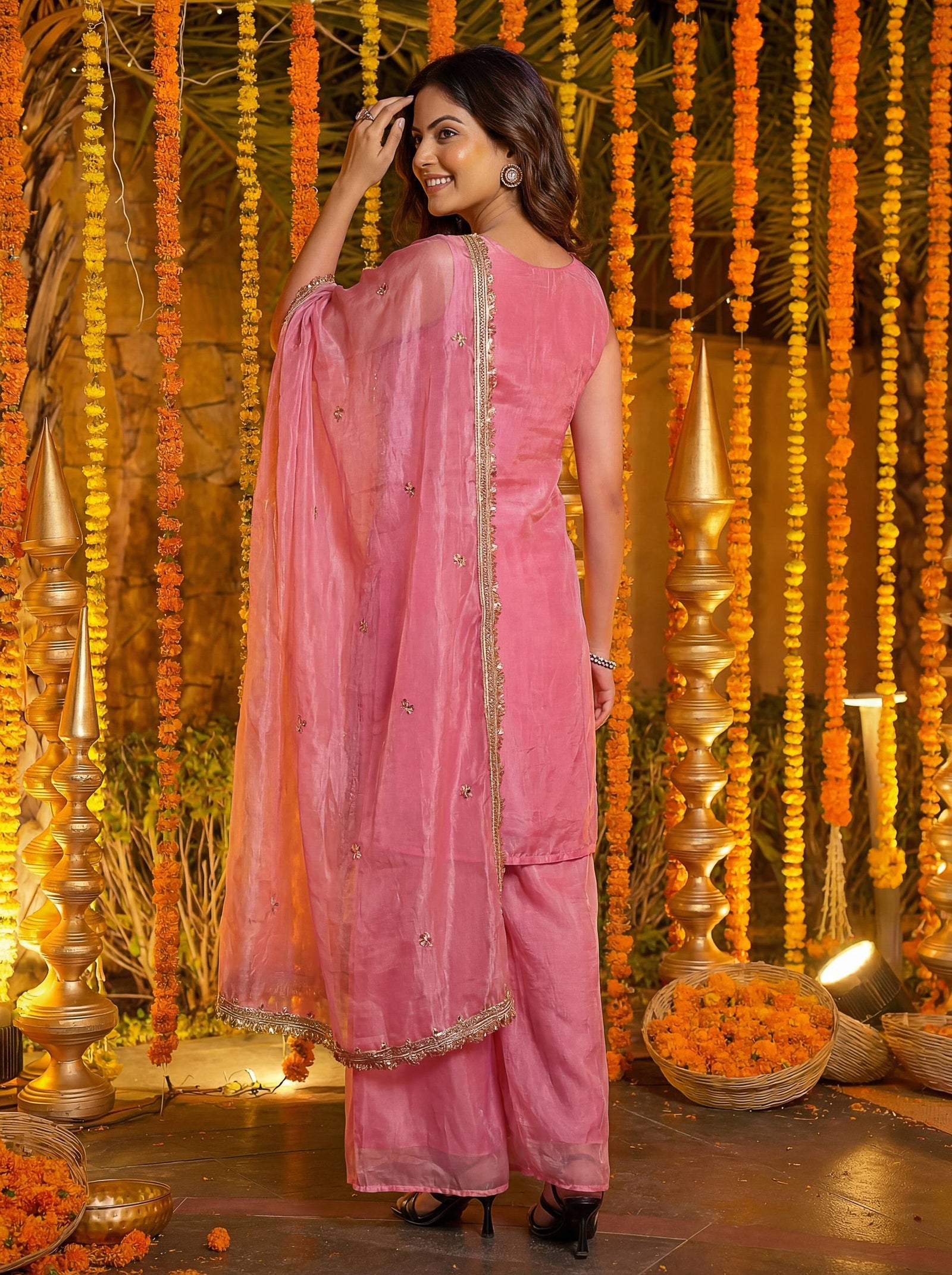 Luxury Blush Pink Embroidered Silk Palazzo Set