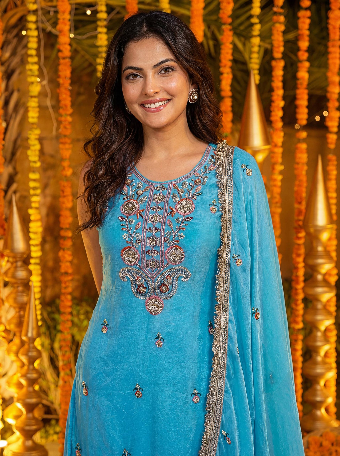 Luxury Sky Blue Embroidered Silk Palazzo Set