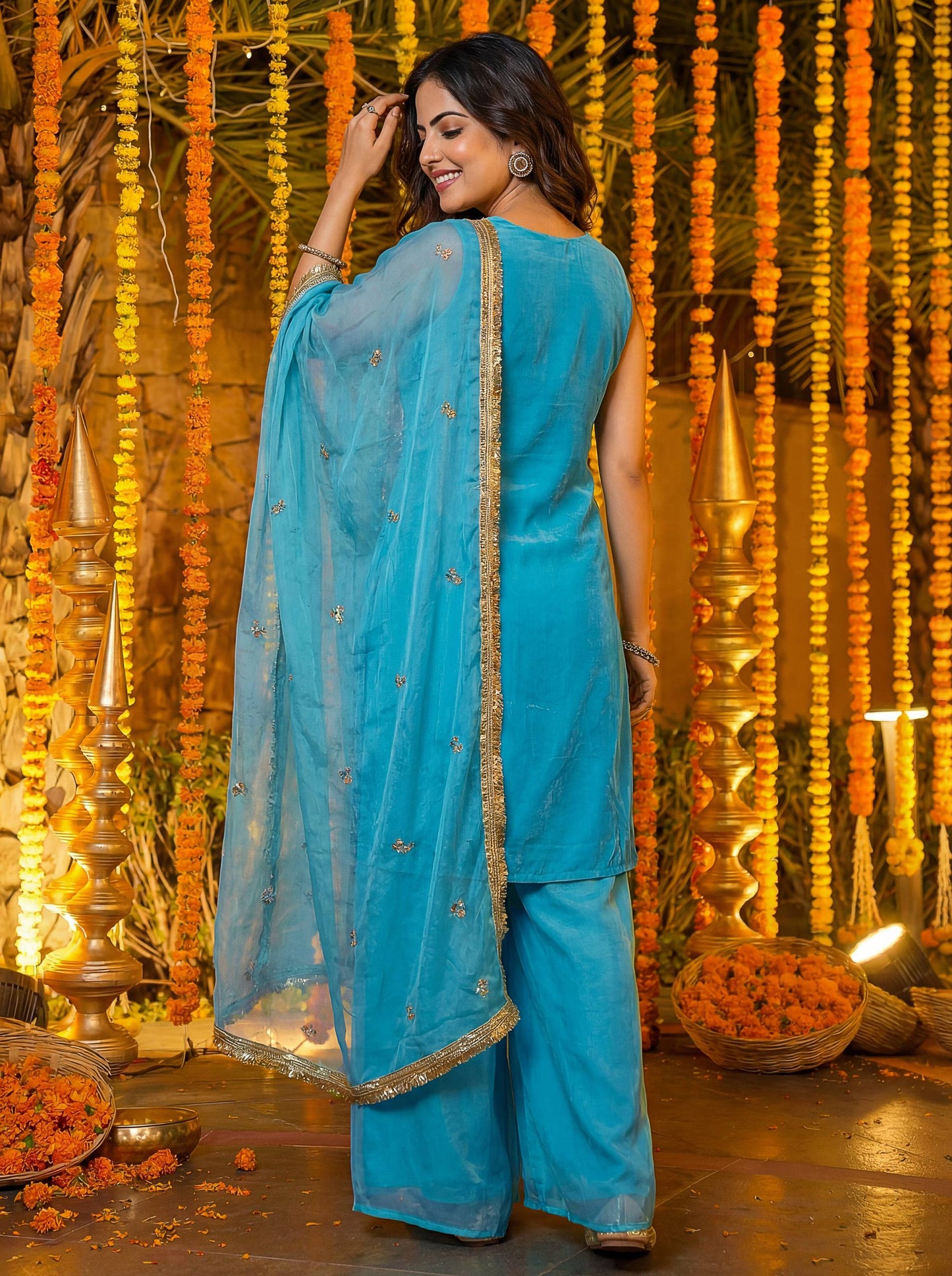 Luxury Sky Blue Embroidered Silk Palazzo Set