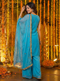 Luxury Sky Blue Embroidered Silk Palazzo Set