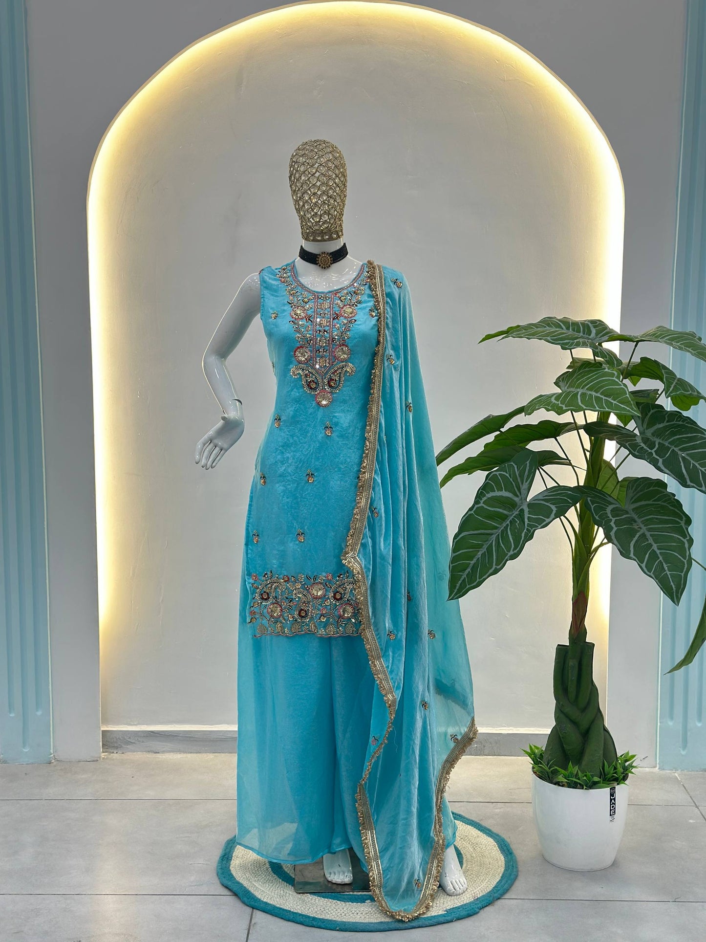 Luxury Sky Blue Embroidered Silk Palazzo Set