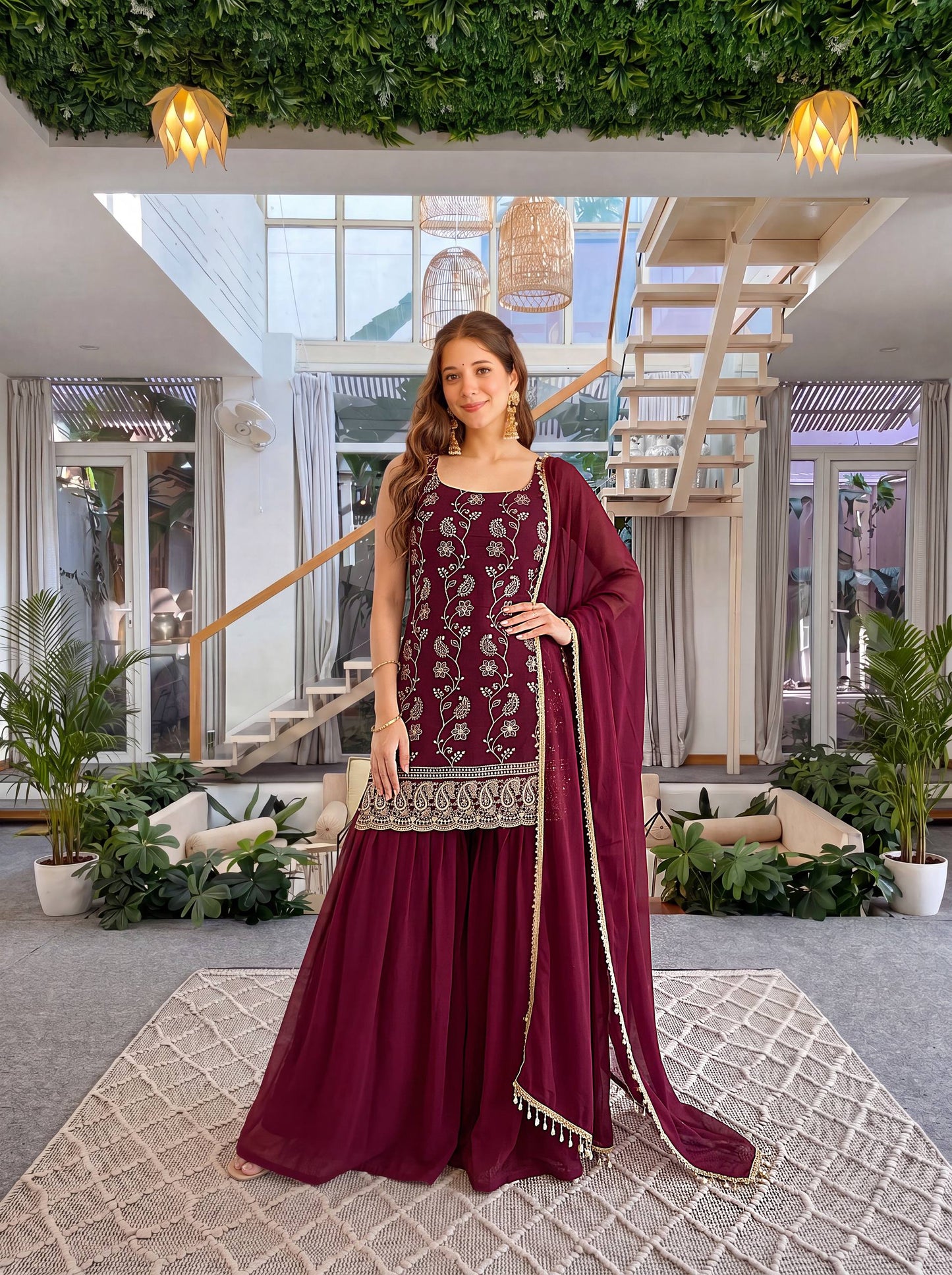 Luxury Wine Burgundy Embroidered Ethnic Palazzo Suit Set