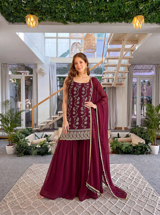 Luxury Wine Burgundy Embroidered Ethnic Palazzo Suit Set