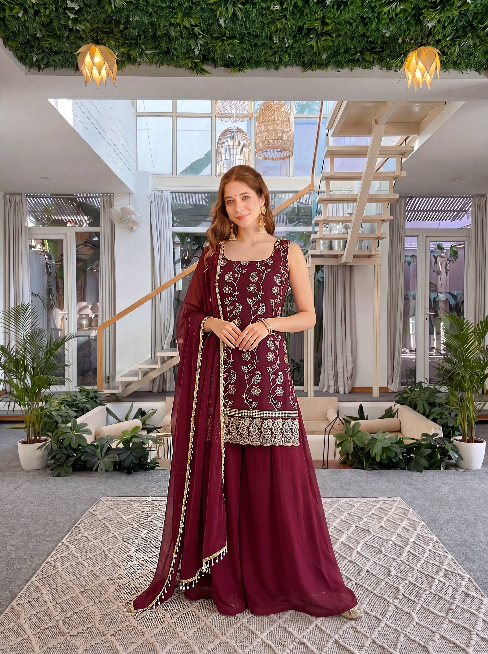 Luxury Wine Burgundy Embroidered Ethnic Palazzo Suit Set