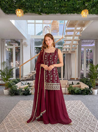 Luxury Wine Burgundy Embroidered Ethnic Palazzo Suit Set