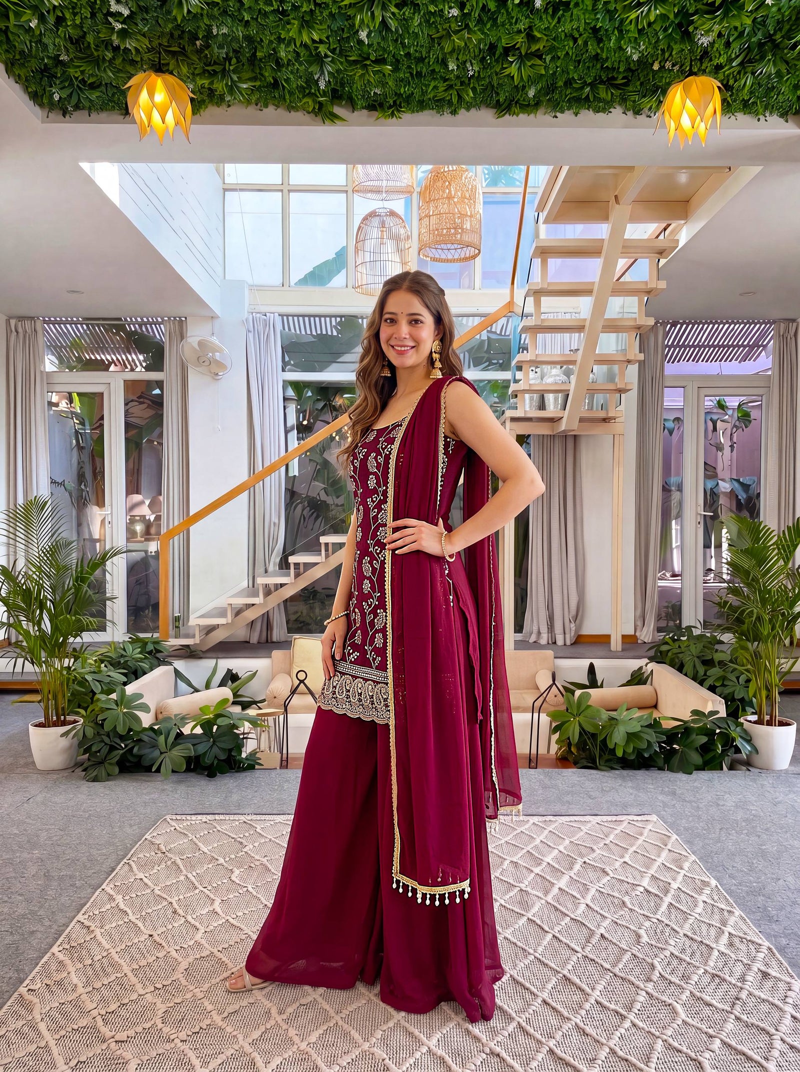Luxury Wine Burgundy Embroidered Ethnic Palazzo Suit Set