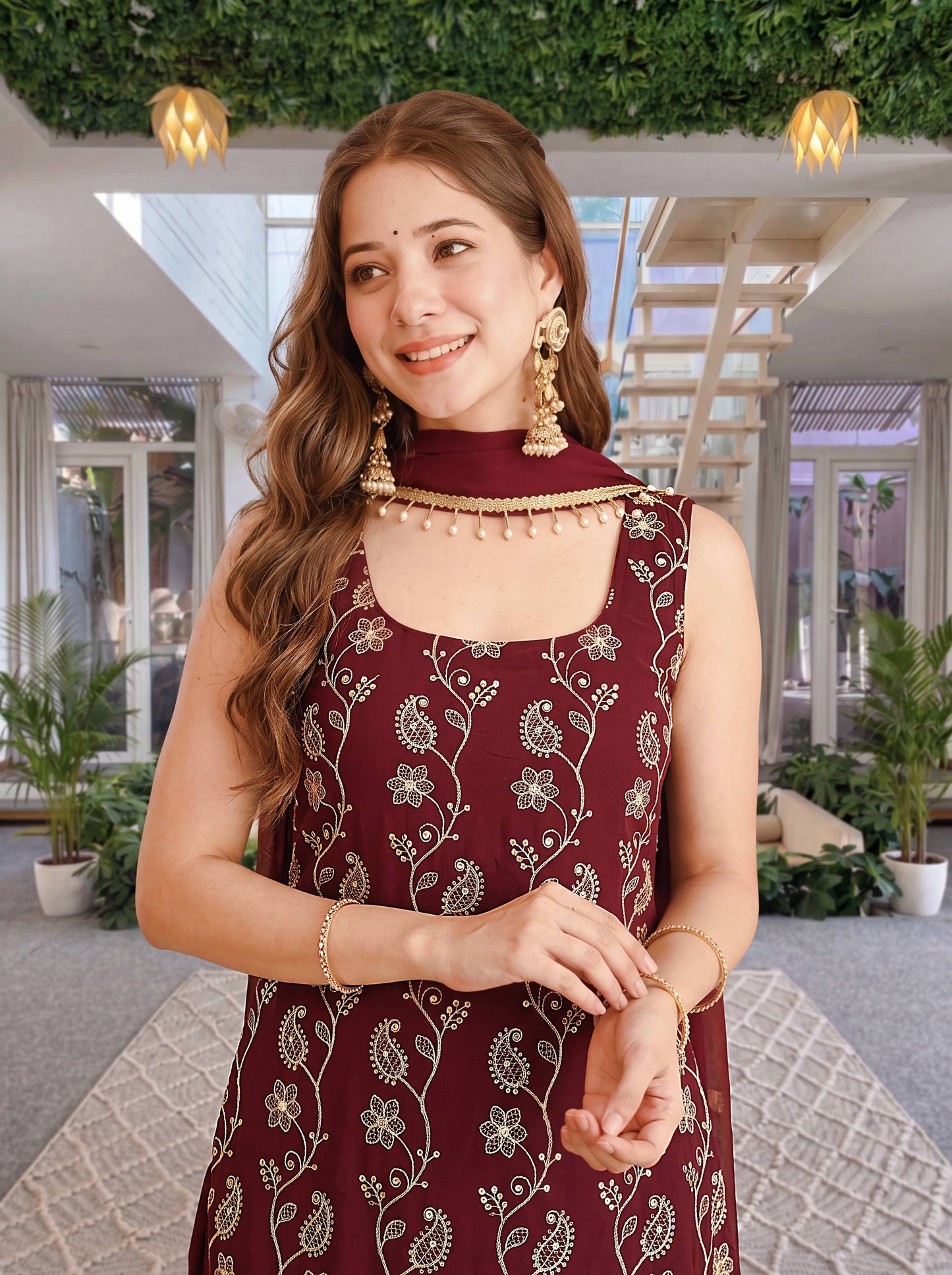 Luxury Wine Burgundy Embroidered Ethnic Palazzo Suit Set