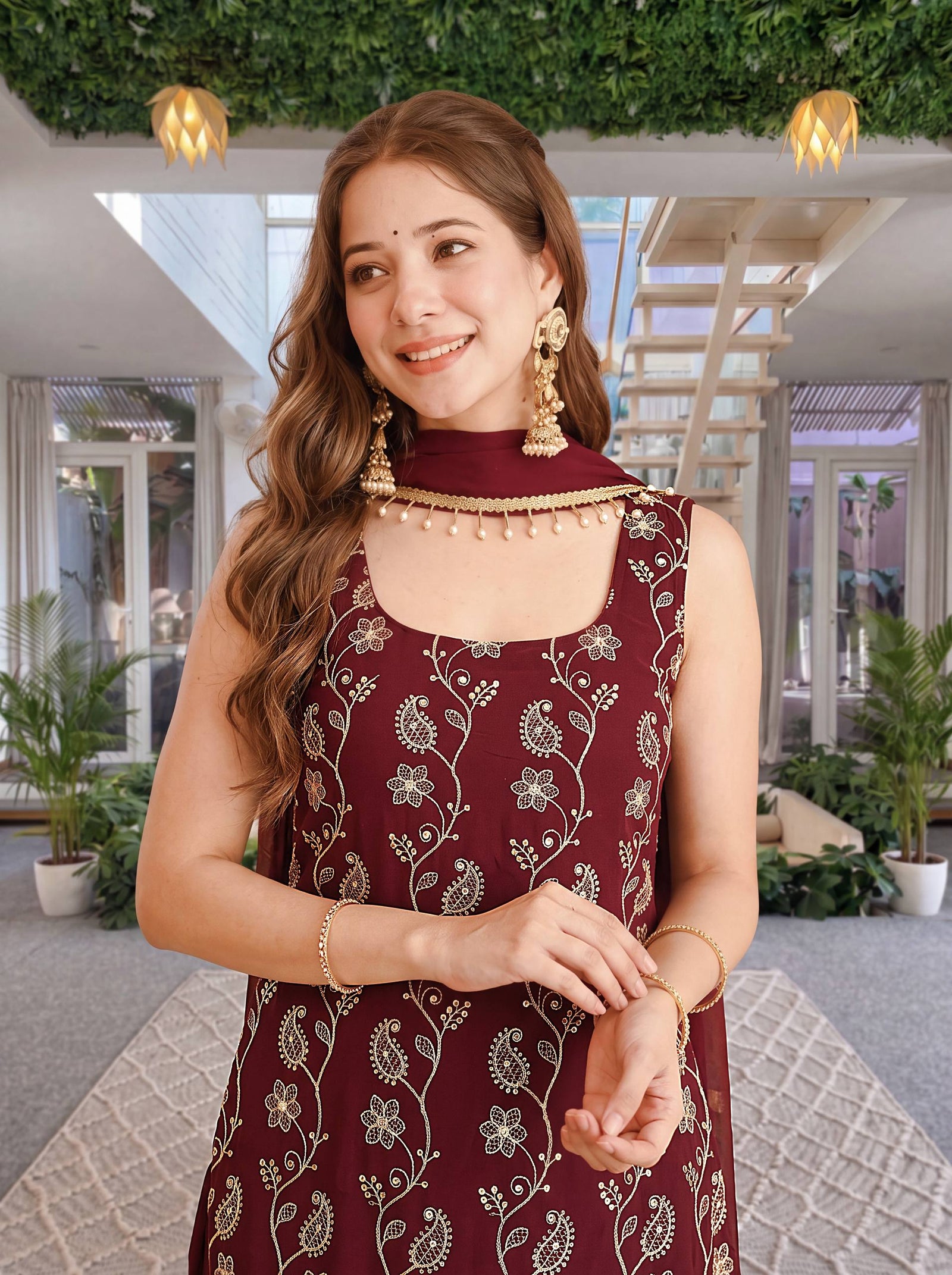 Luxury Wine Burgundy Embroidered Ethnic Palazzo Suit Set