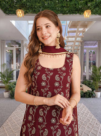 Luxury Wine Burgundy Embroidered Ethnic Palazzo Suit Set