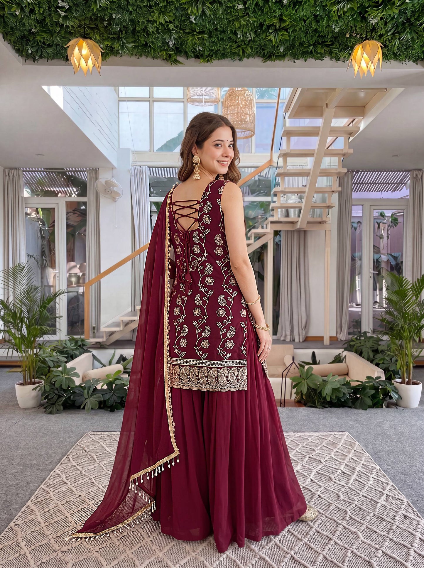 Luxury Wine Burgundy Embroidered Ethnic Palazzo Suit Set