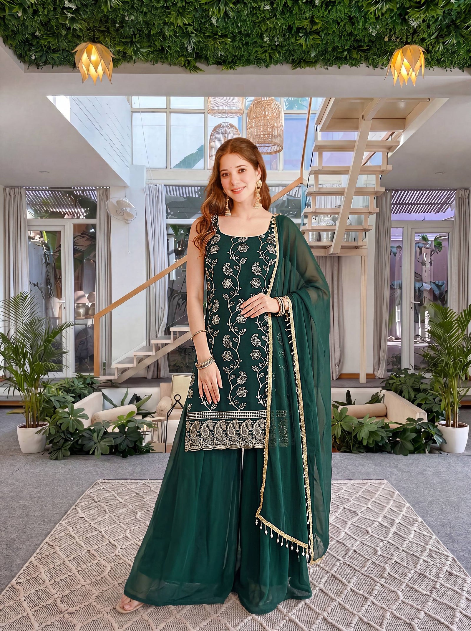 Luxury Emerald Green Embroidered Ethnic Palazzo Set