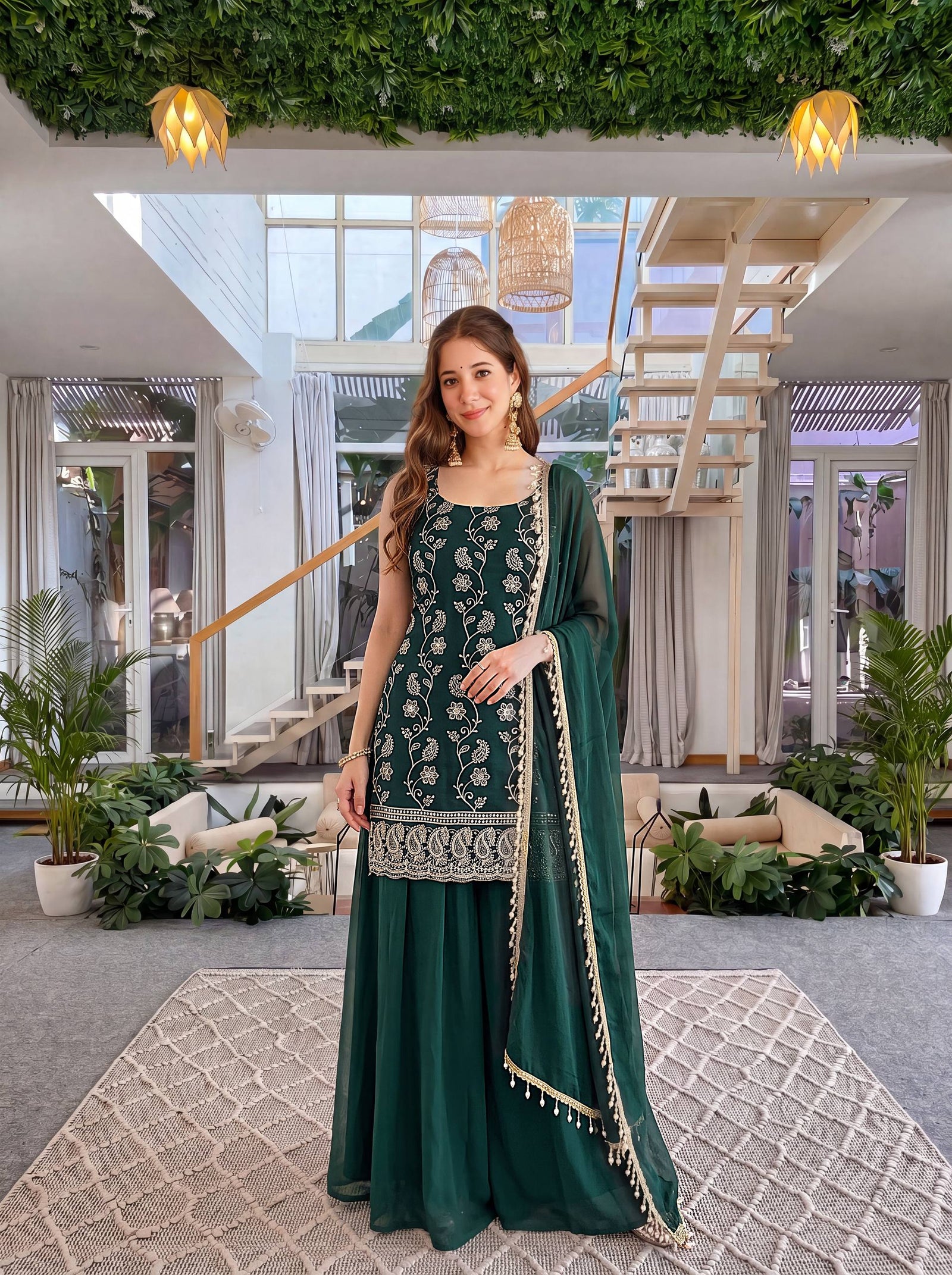 Luxury Emerald Green Embroidered Ethnic Palazzo Set