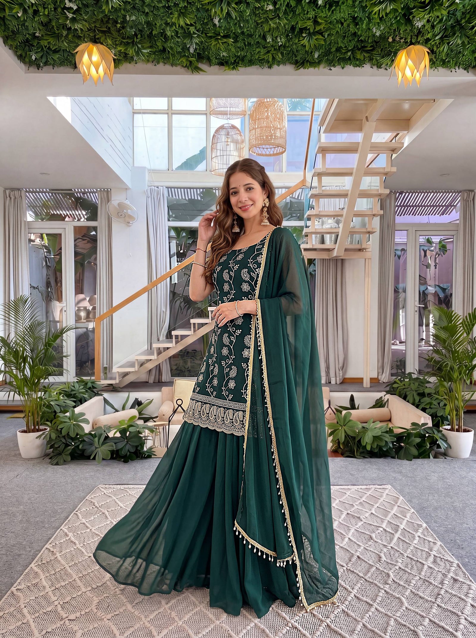 Luxury Emerald Green Embroidered Ethnic Palazzo Set