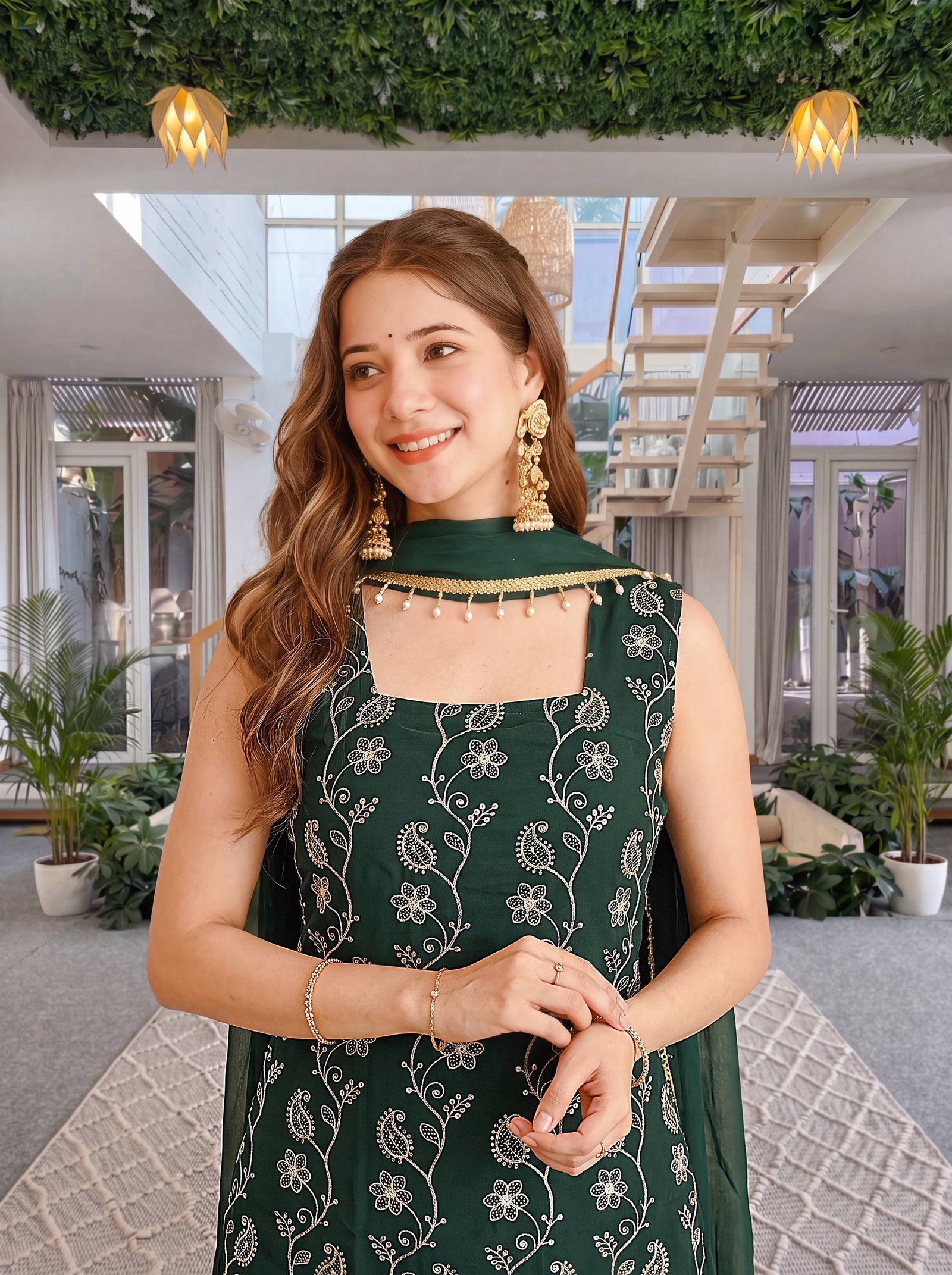 Luxury Emerald Green Embroidered Ethnic Palazzo Set