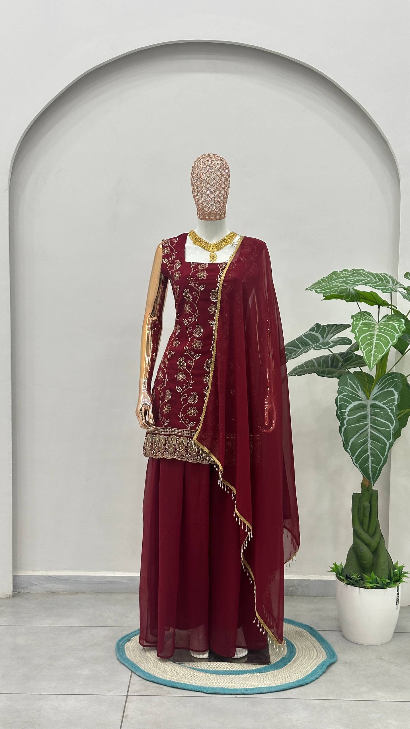 Luxury Wine Burgundy Embroidered Ethnic Palazzo Suit Set