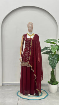 Luxury Wine Burgundy Embroidered Ethnic Palazzo Suit Set