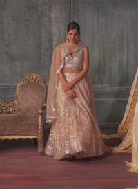 Peach Soft Net Sequins Embroidered Lehenga Choli Set