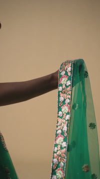 Green Soft Net Mirror Embroidered Lehenga Choli Set